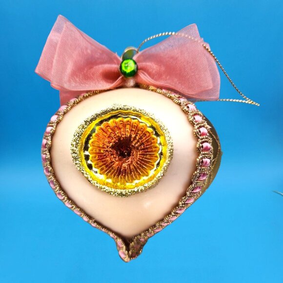 Indent Glass Teardrop Ornaments Gold Harlequin Pattern Tulle Ribbon Pink Trim 2 - Picture 3 of 10